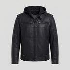 Men's Black Leather Hooded Jacket