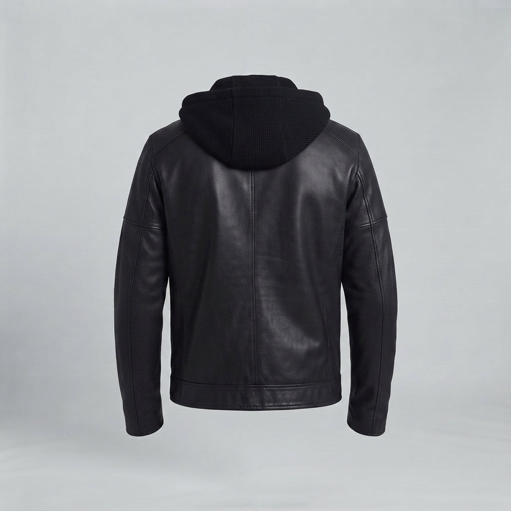 Men's Black Leather Hooded Jacket