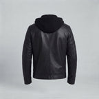 Men's Black Leather Hooded Jacket