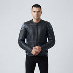 Men's Black & Blue Leather Motorcycle Jacket
