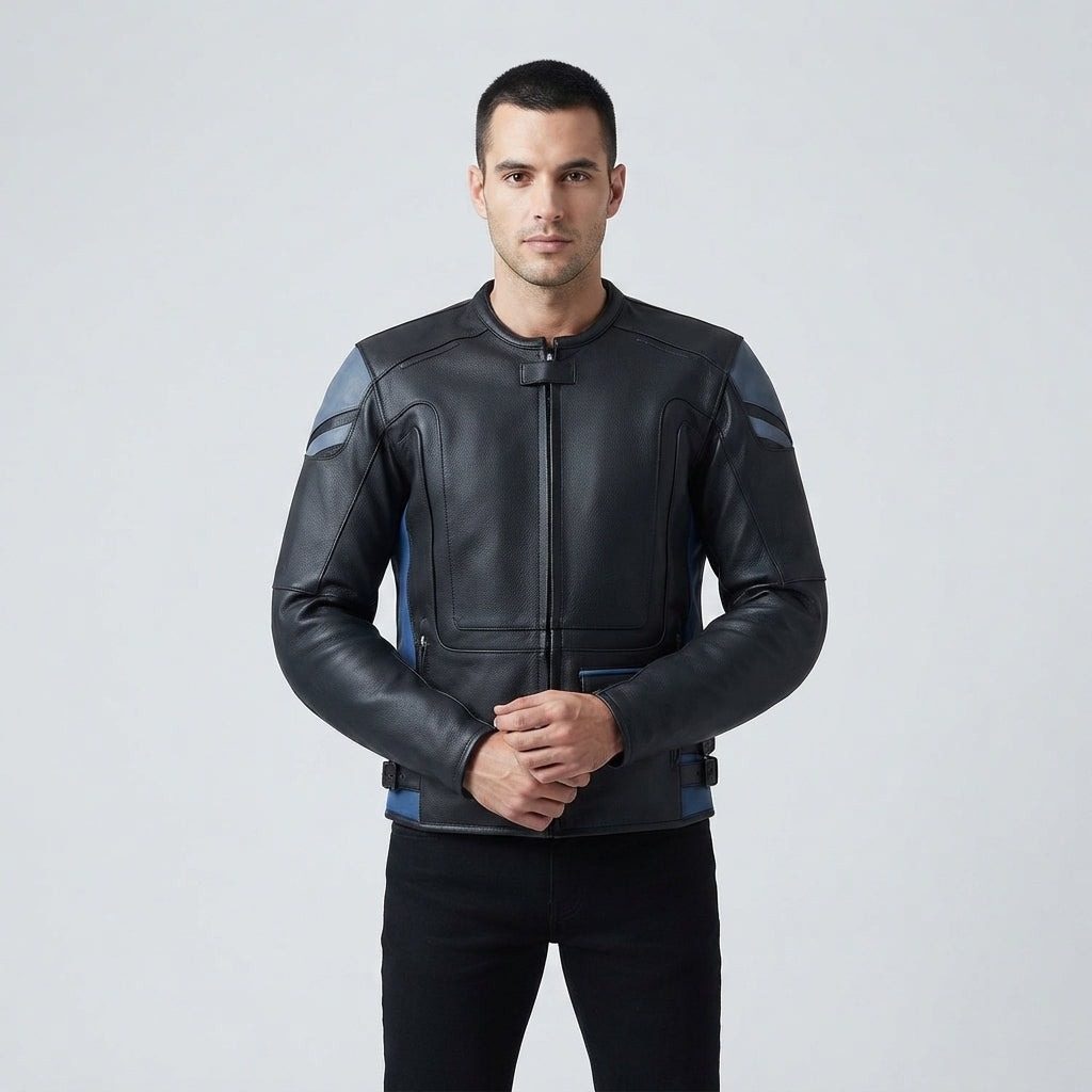 Men's Black & Blue Leather Motorcycle Jacket