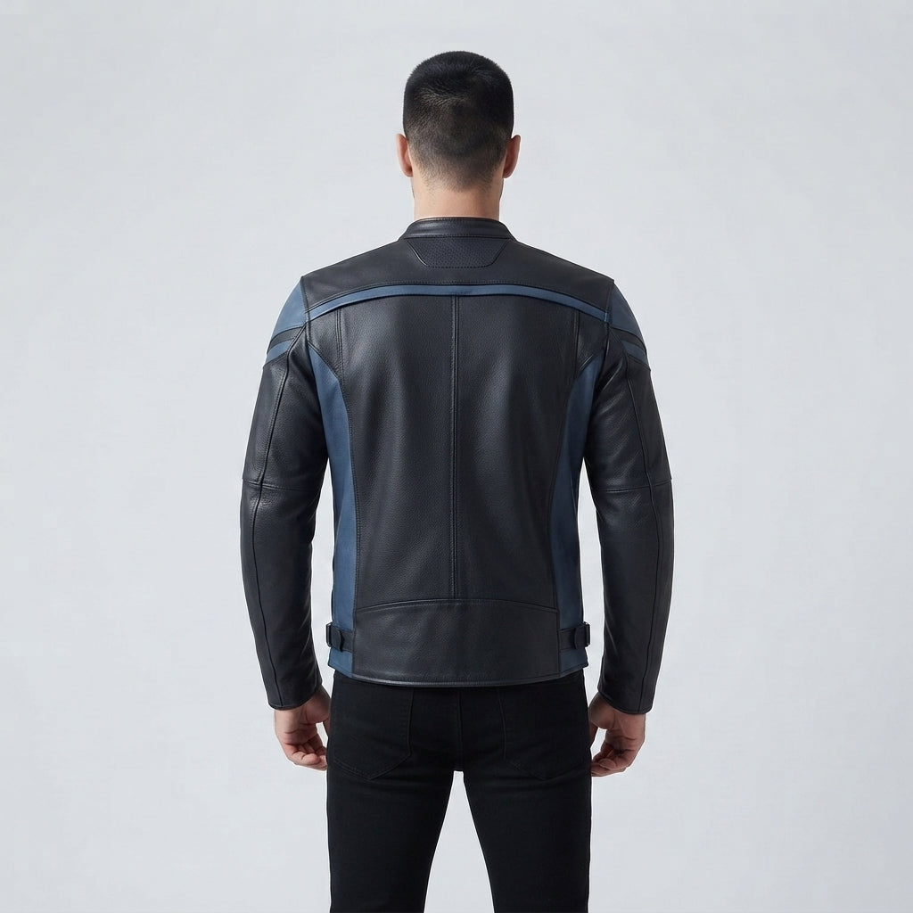 Men's Black & Blue Leather Motorcycle Jacket