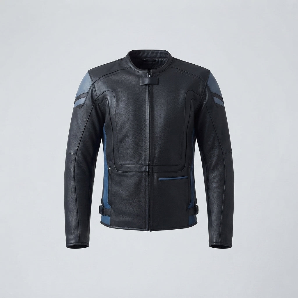 Men's Black & Blue Leather Motorcycle Jacket