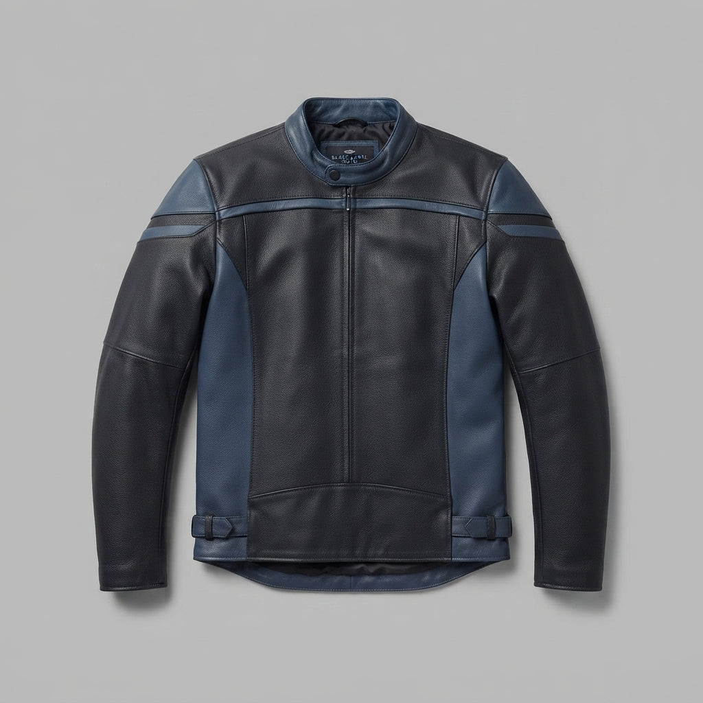 Men's Black & Blue Leather Motorcycle Jacket