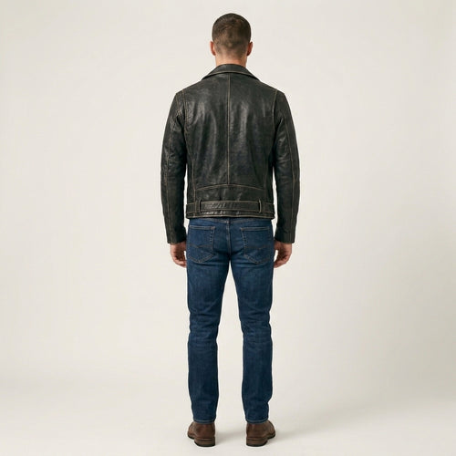 Men's Black Belted Motorcycle Leather Jacket
