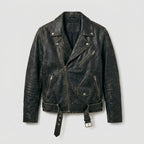 Men's Black Belted Motorcycle Leather Jacket