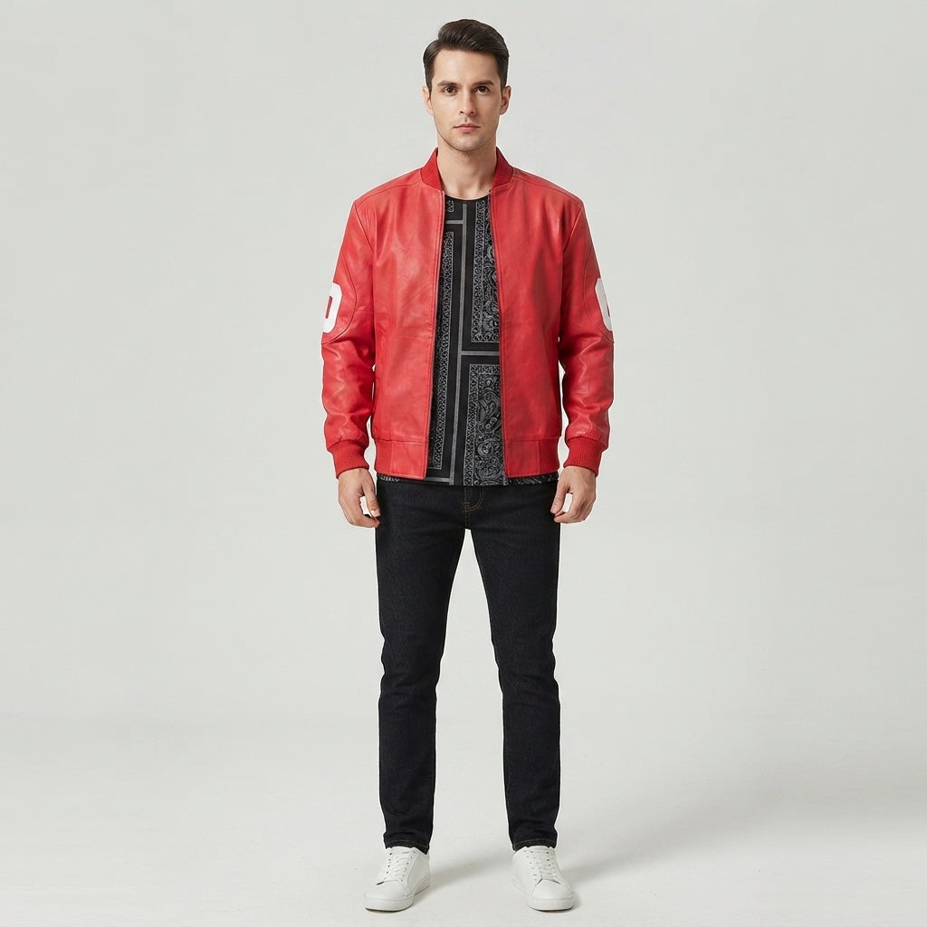 Men's Red Leather Varsity Bomber Jacket
