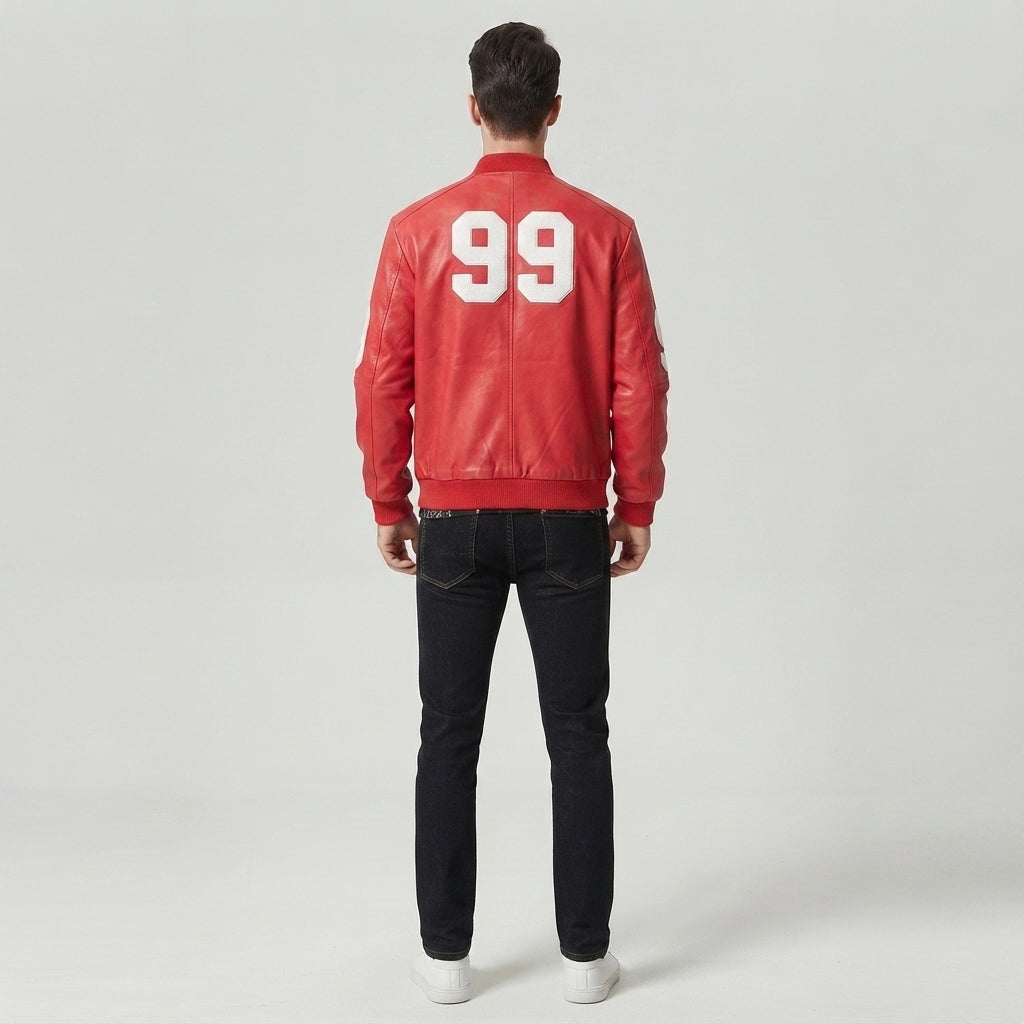 Men's Red Leather Varsity Bomber Jacket