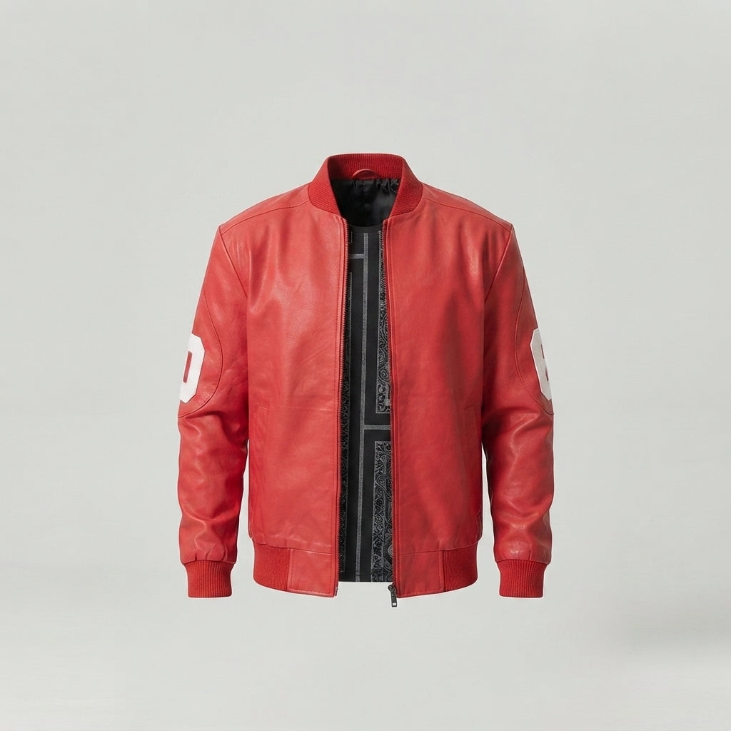 Men's Red Leather Varsity Bomber Jacket