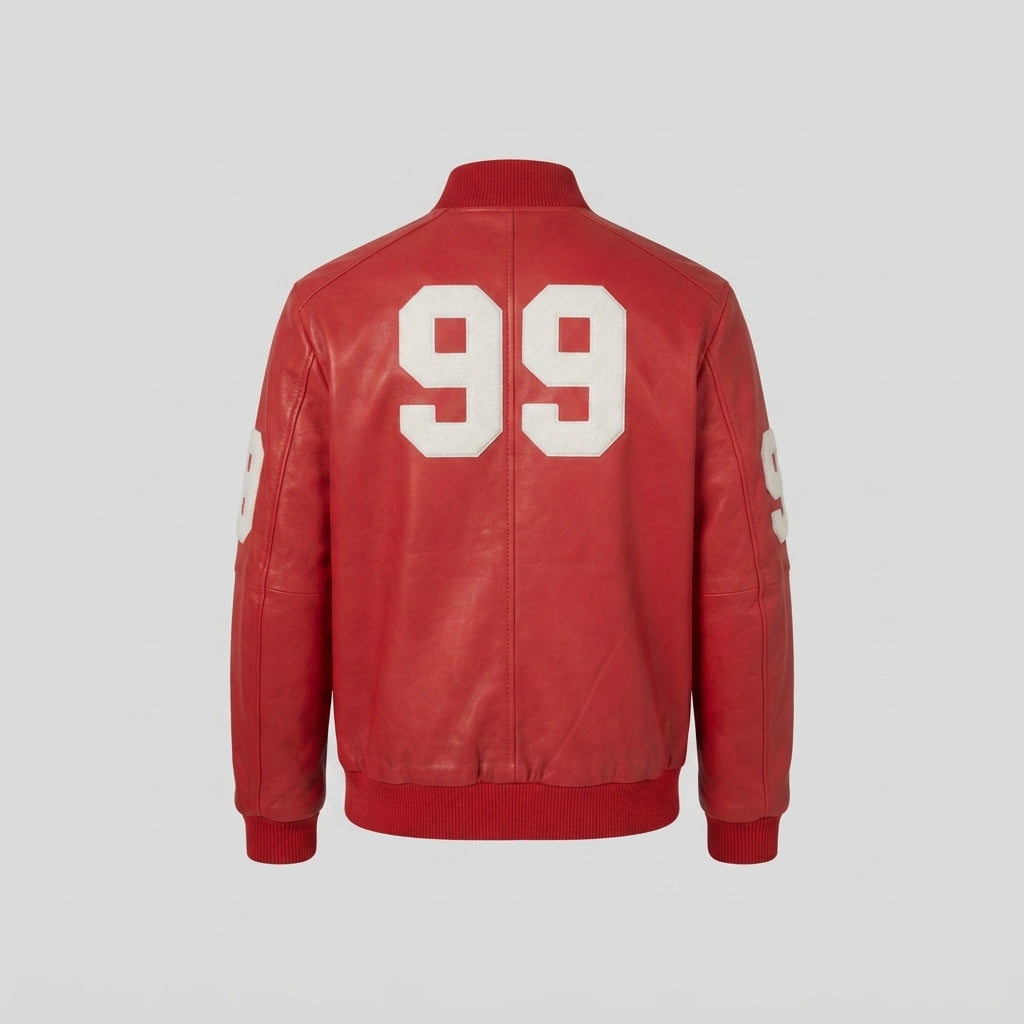 Men's Red Leather Varsity Bomber Jacket