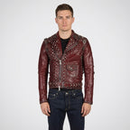 Burgundy Studded Leather Biker Jacket for Men