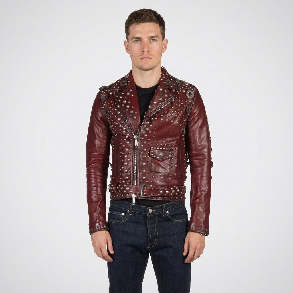 Burgundy Studded Leather Biker Jacket for Men