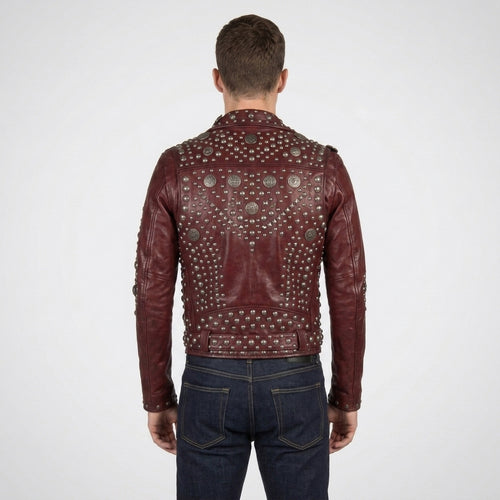 Burgundy Studded Leather Biker Jacket for Men