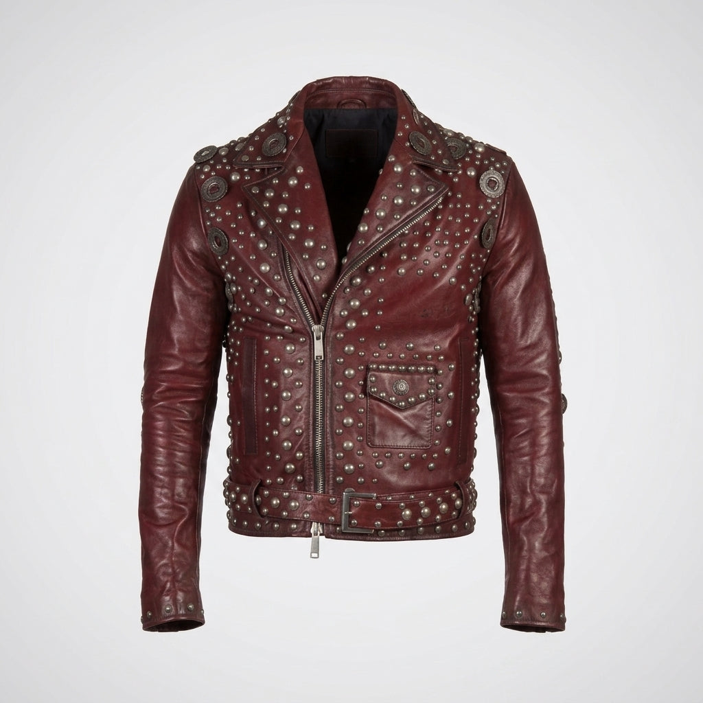 Burgundy Studded Leather Biker Jacket for Men