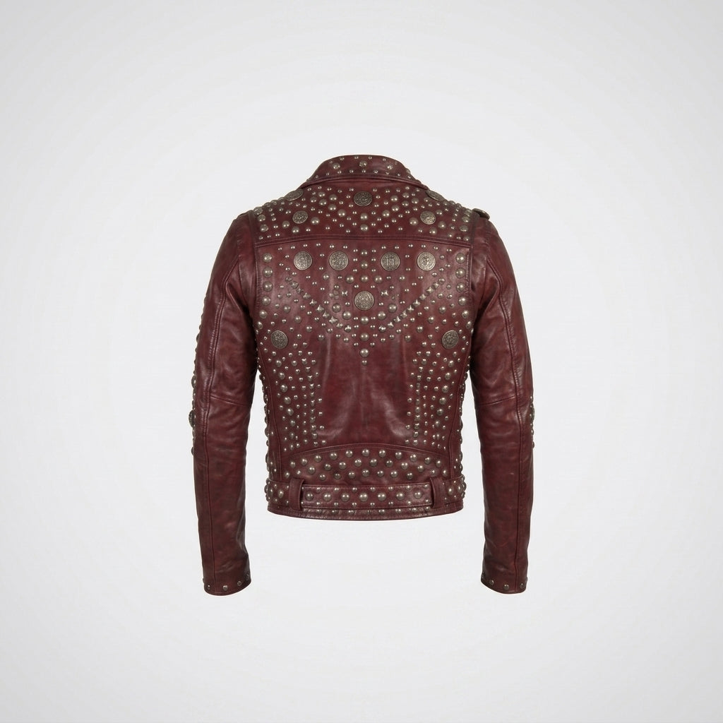 Burgundy Studded Leather Biker Jacket for Men