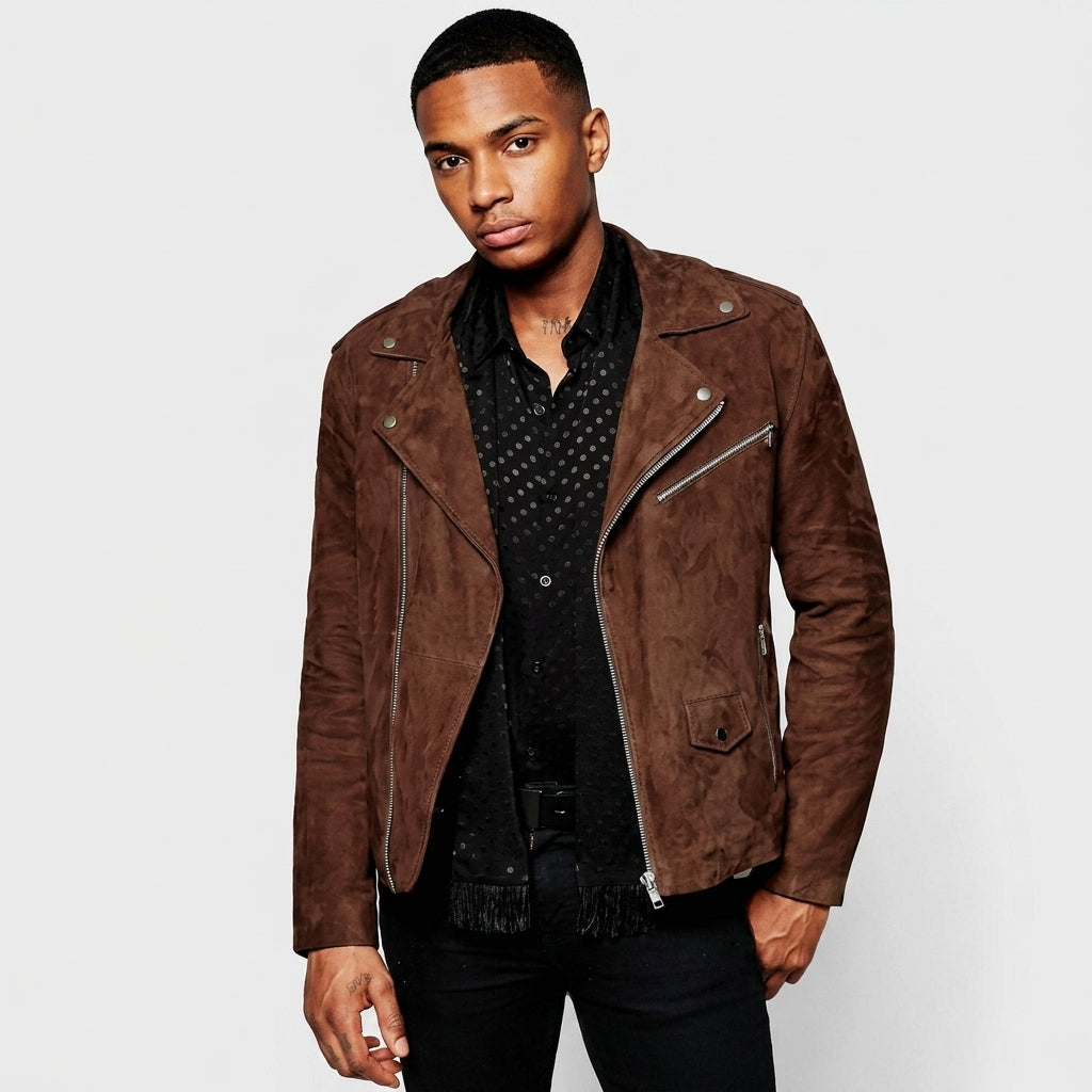 Chocolate Brown Suede Biker Jacket for Men