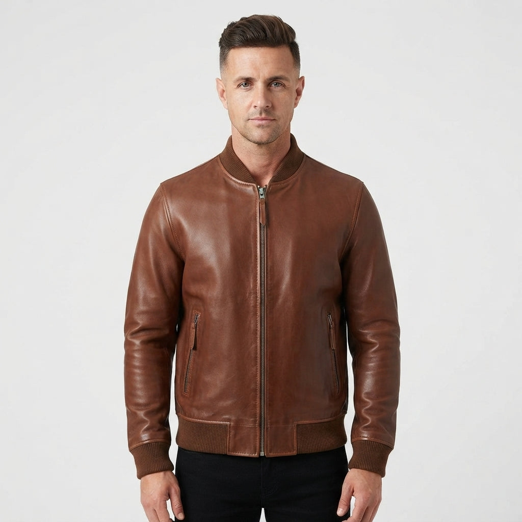 Cognac Brown Leather Bomber Jacket – Men