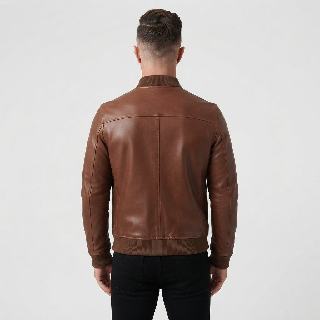 Cognac Brown Leather Bomber Jacket – Men