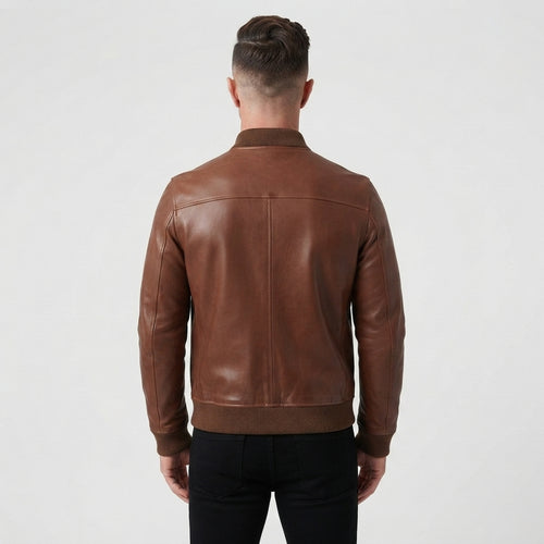 Cognac Brown Leather Bomber Jacket – Men