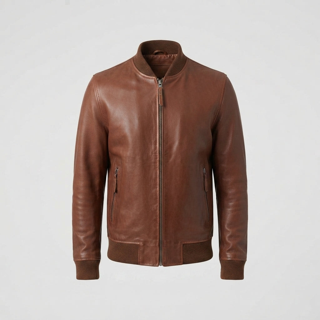 Cognac Brown Leather Bomber Jacket – Men