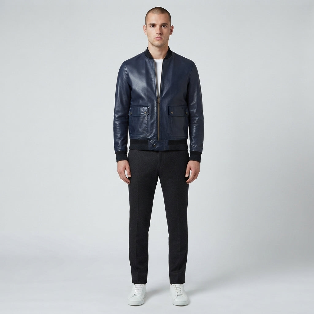 Men's Navy Leather Aviator Jacket