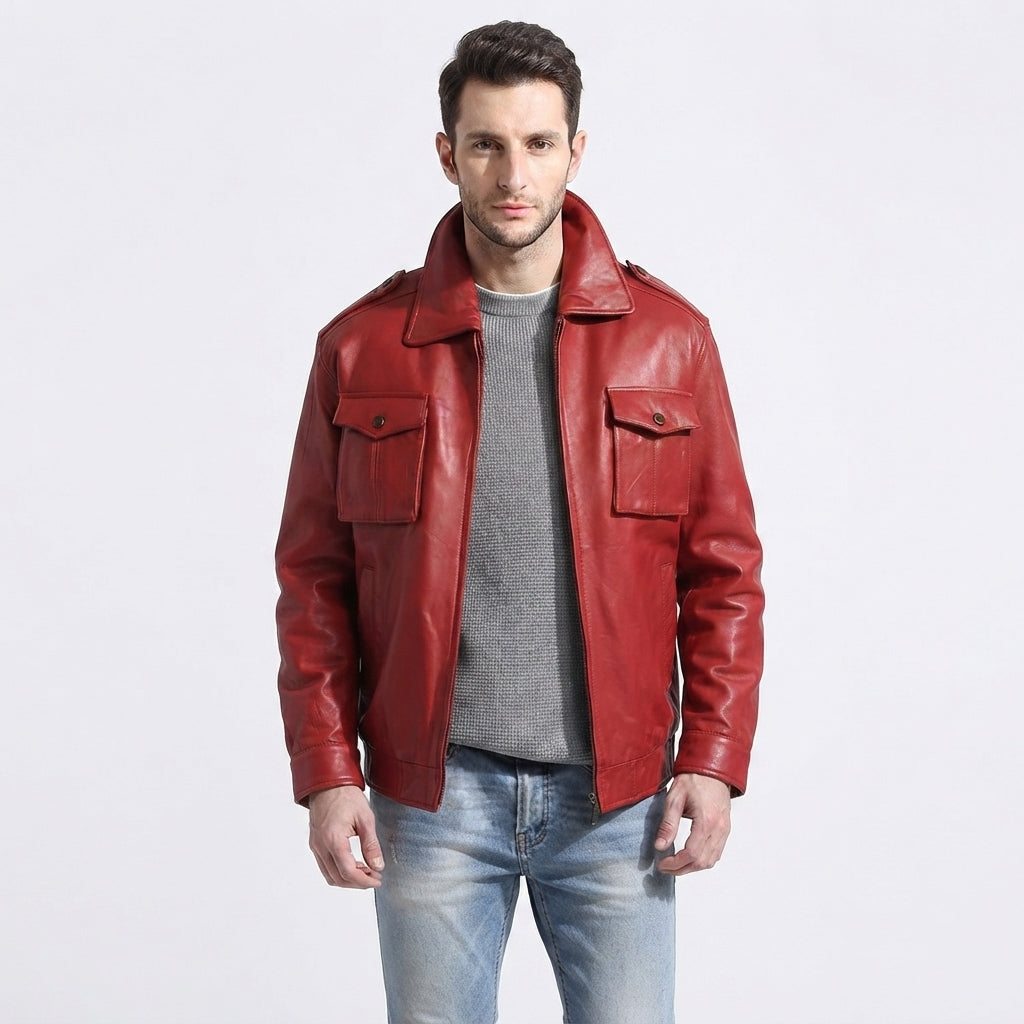 Men's Red Leather Field Jacket