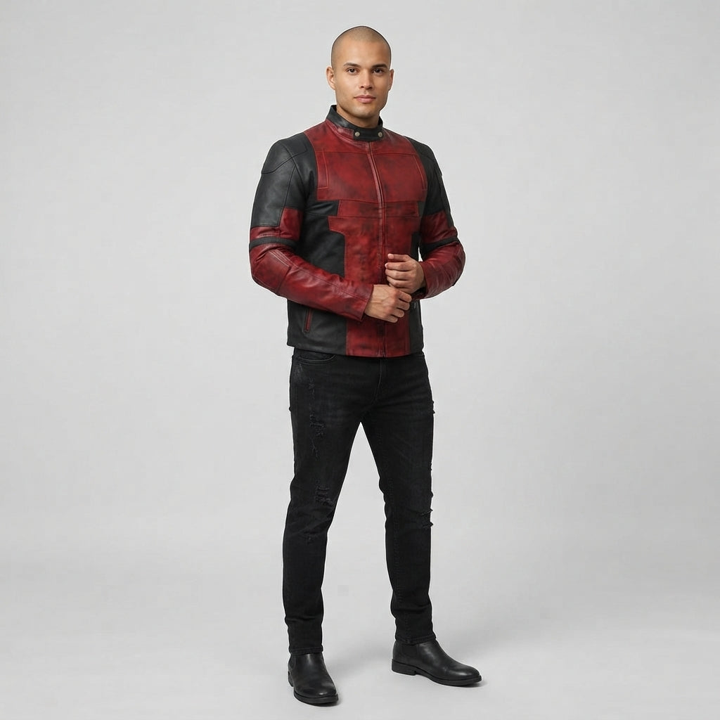 Deadpool Distressed Red & Black Leather Jacket – Men's