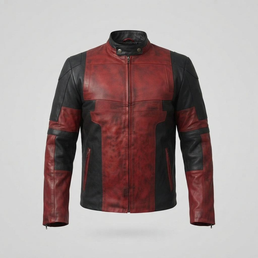 Deadpool Distressed Red & Black Leather Jacket – Men's