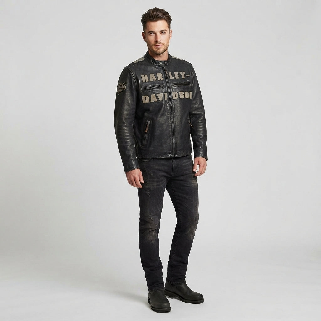 Distressed Black Biker Leather Jacket