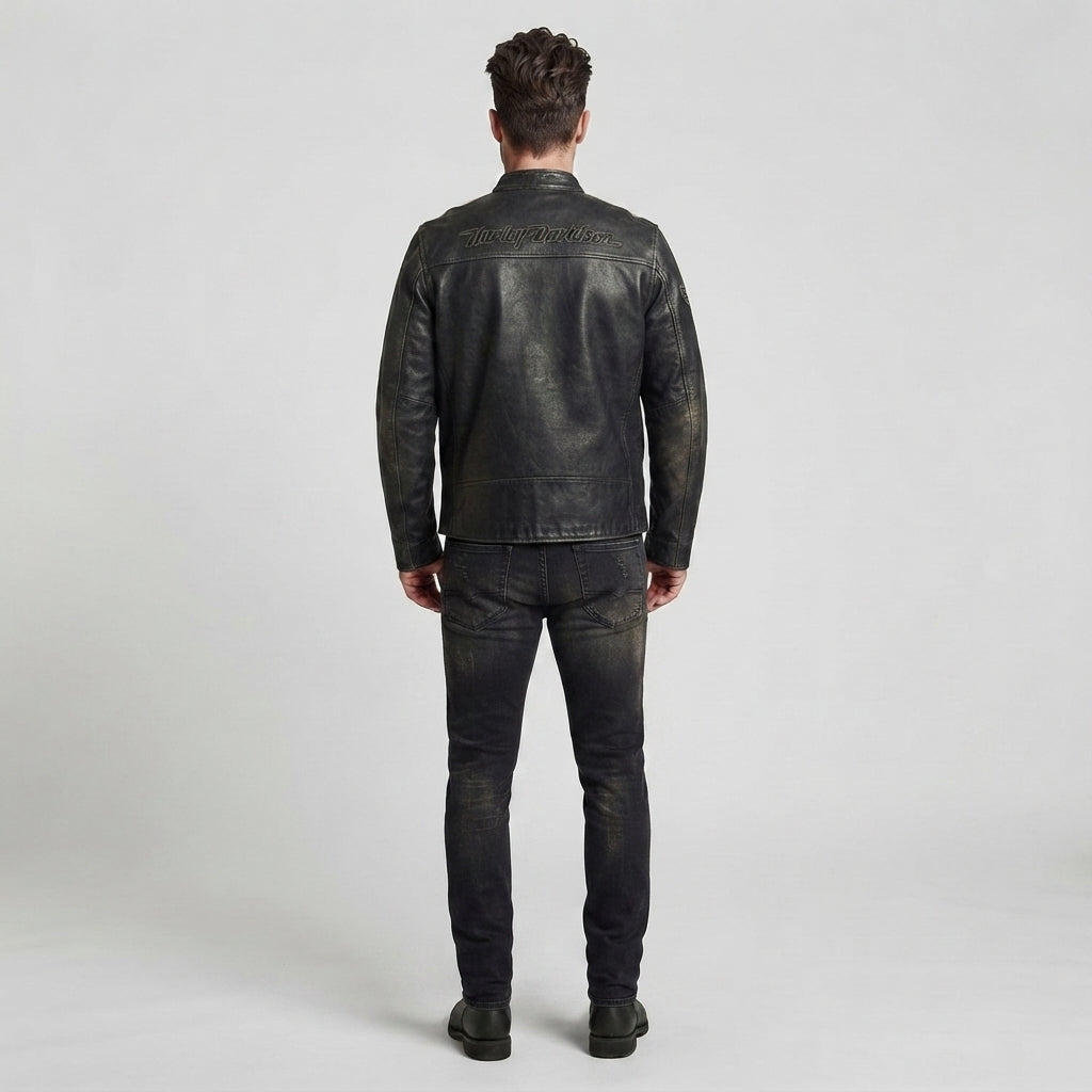 Distressed Black Biker Leather Jacket