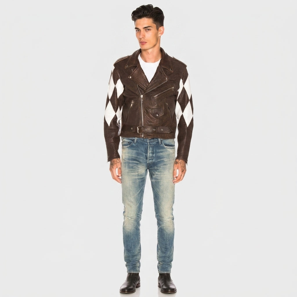 Men's Distressed Brown Diamond-Quilted Biker Leather Jacket