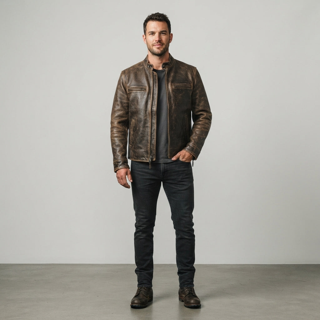 Men's Distressed Brown Leather Cafe Racer Jacket