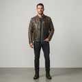 Men's Distressed Brown Leather Cafe Racer Jacket