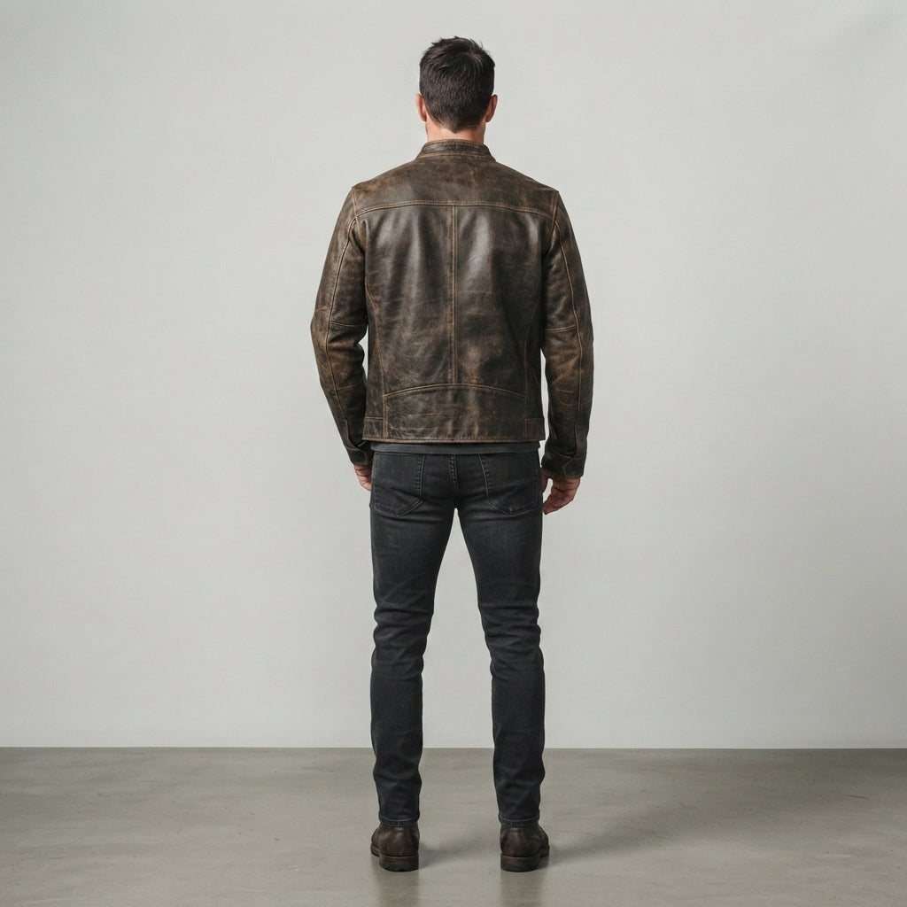 Men's Distressed Brown Leather Cafe Racer Jacket