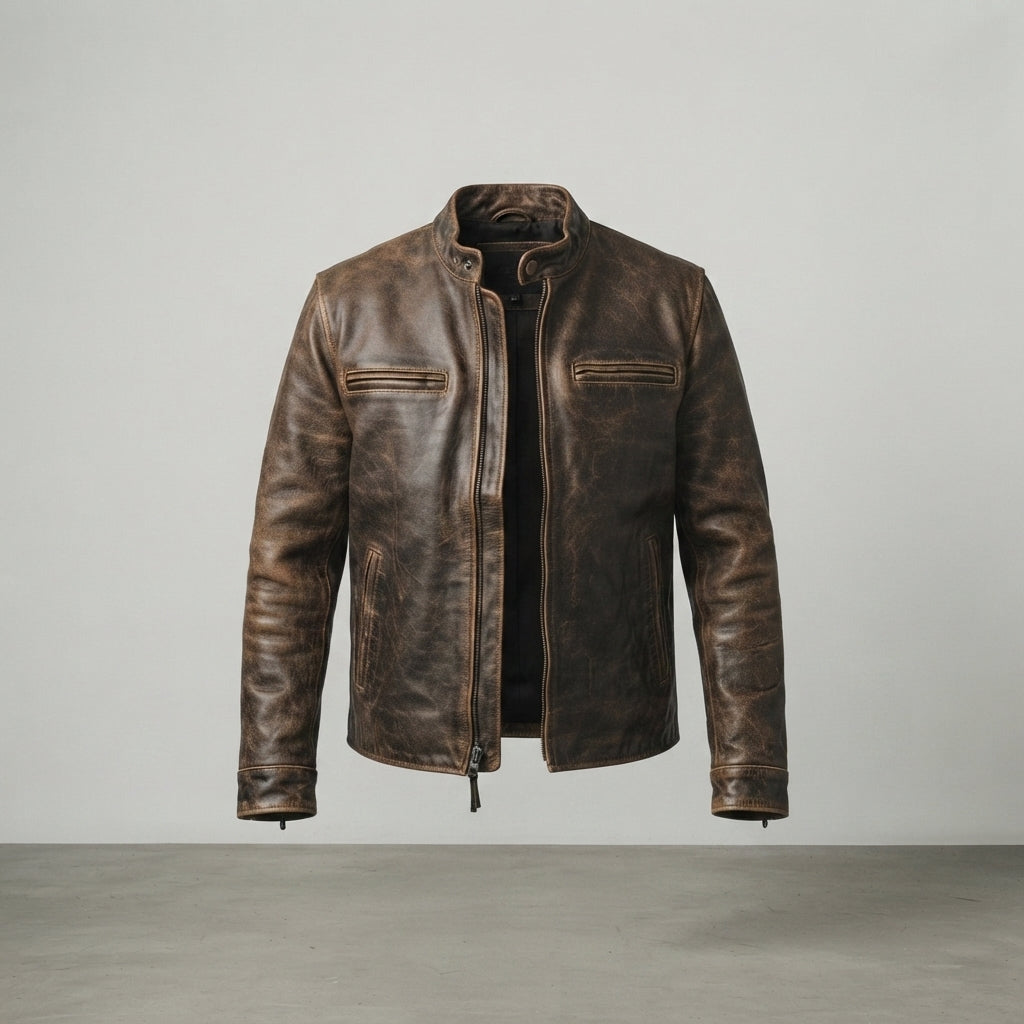 Men's Distressed Brown Leather Cafe Racer Jacket