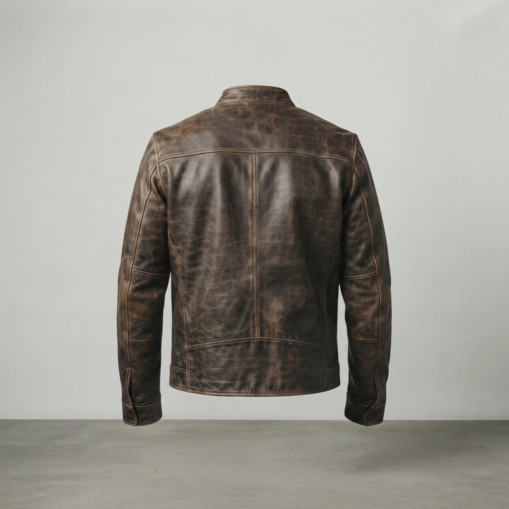 Men's Distressed Brown Leather Cafe Racer Jacket