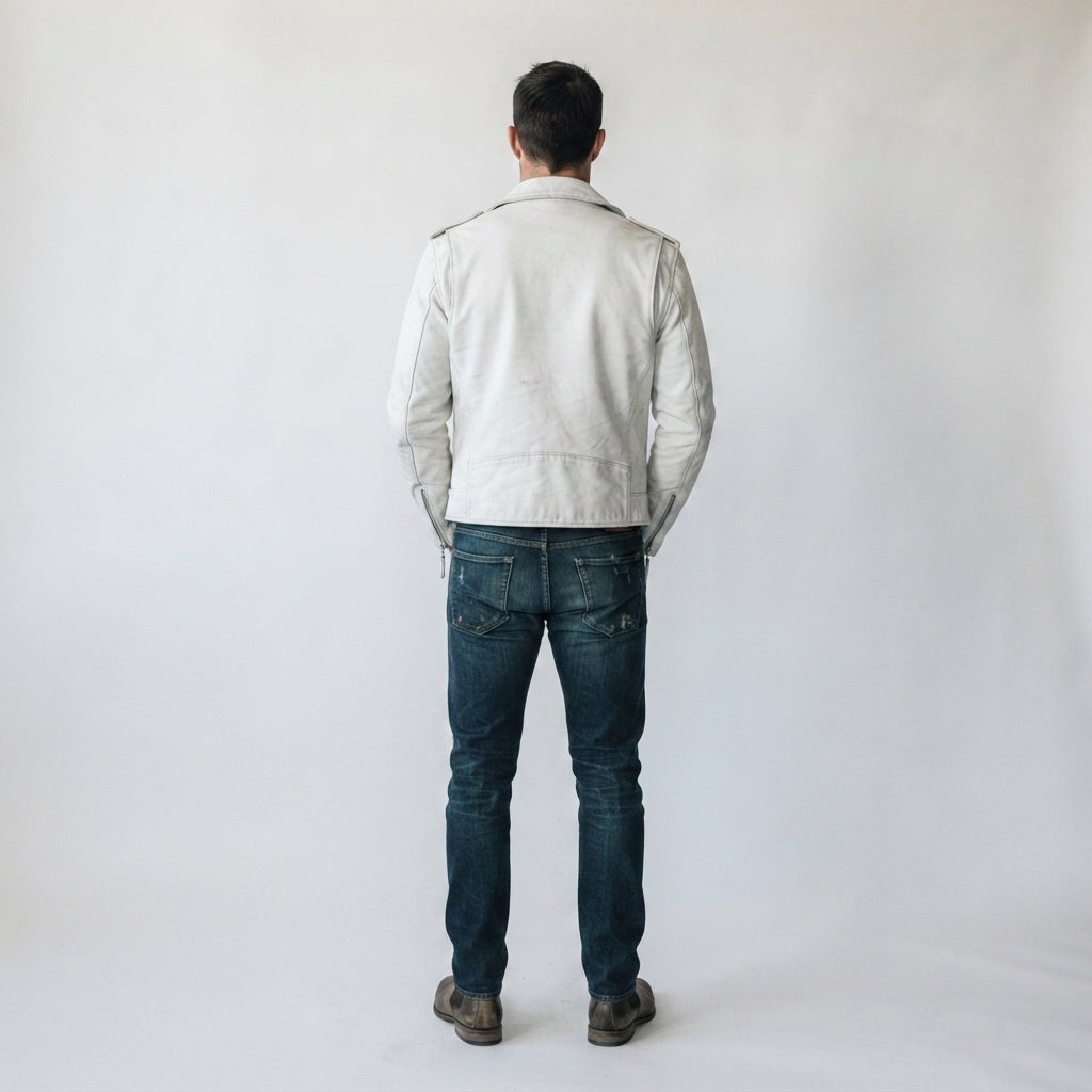 Men's Off-White Distressed Leather Biker Jacket