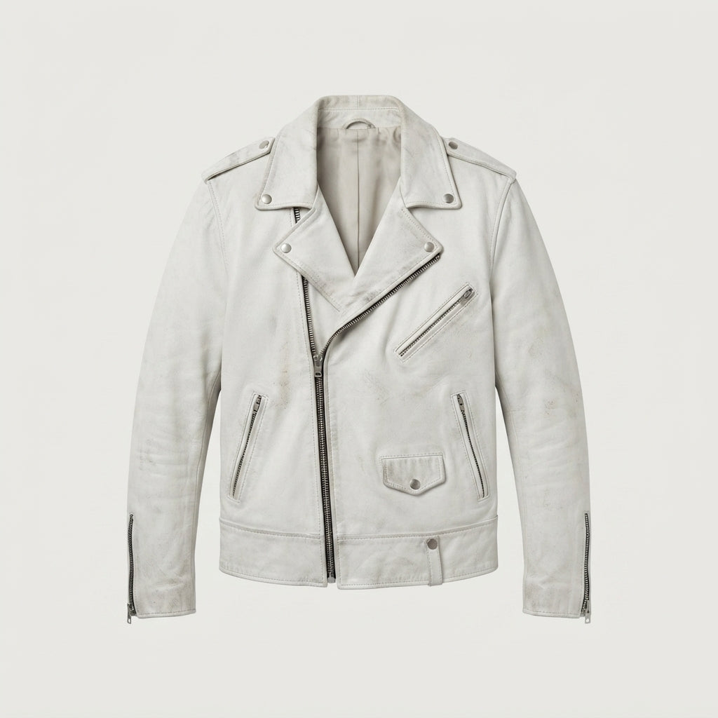 Men's Off-White Distressed Leather Biker Jacket