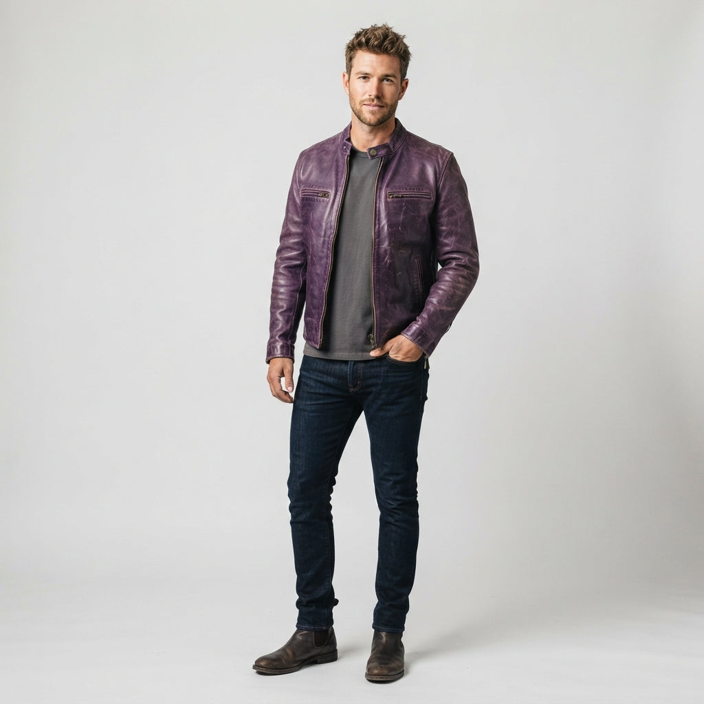 Men's Purple Distressed Leather Cafe Racer Jacket