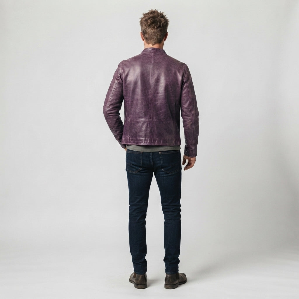 Men's Purple Distressed Leather Cafe Racer Jacket