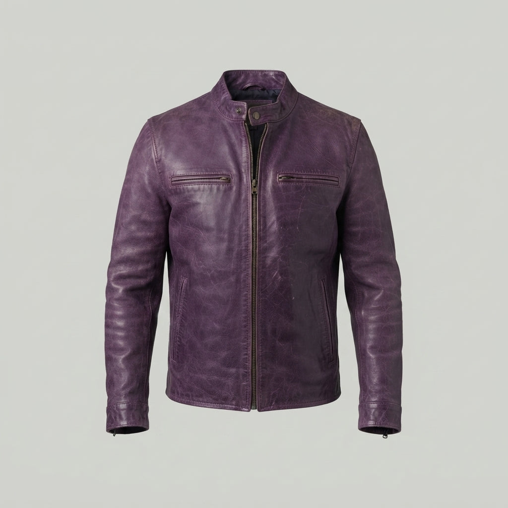 Men's Purple Distressed Leather Cafe Racer Jacket