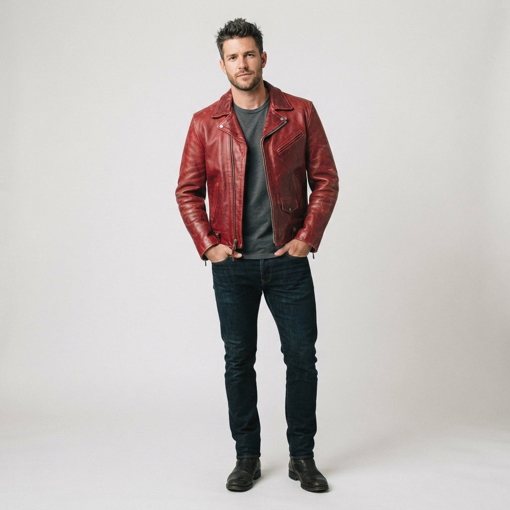 Men's Distressed Red Leather Biker Jacket