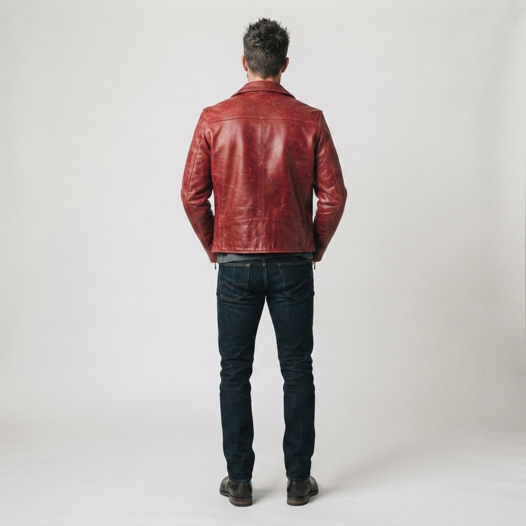 Men's Distressed Red Leather Biker Jacket