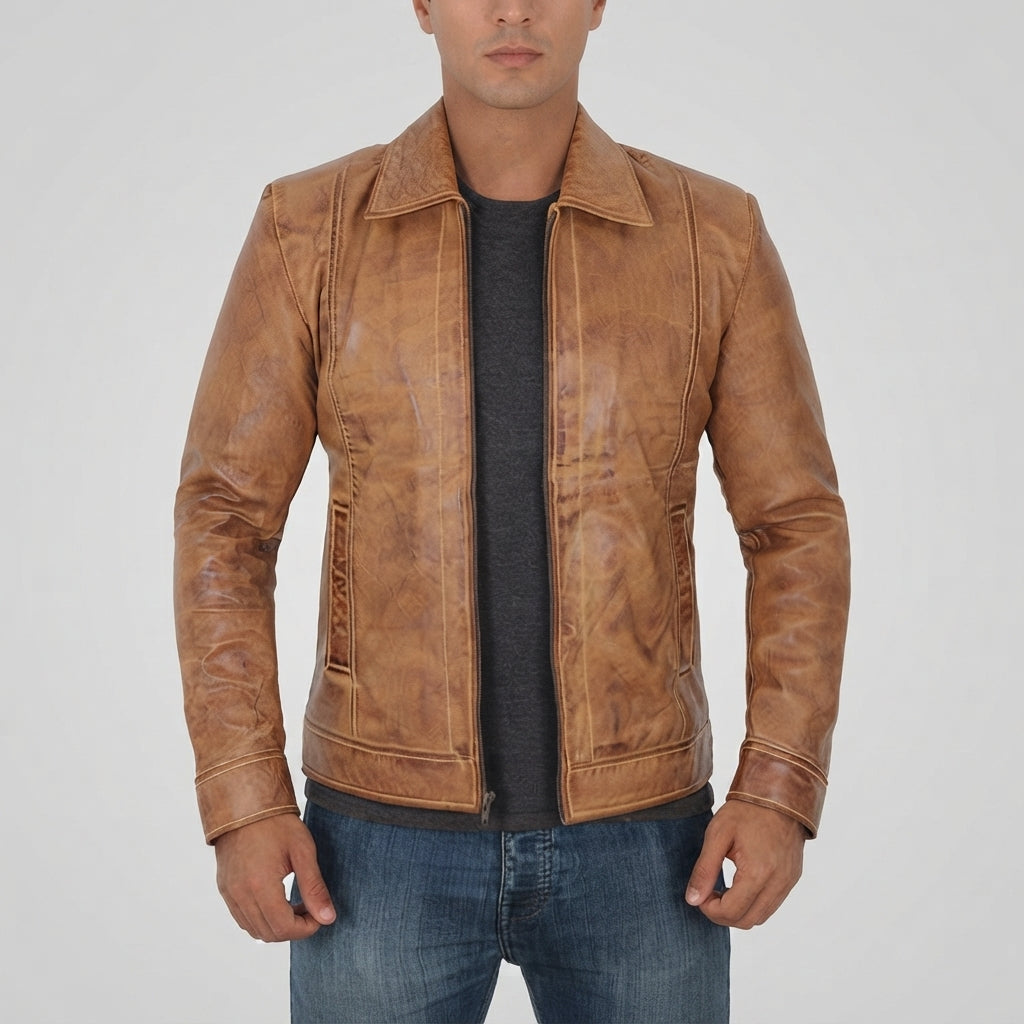 Men's Vintage Tan Distressed Leather Jacket