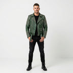 Men's Emerald Green Studded Leather Biker Jacket
