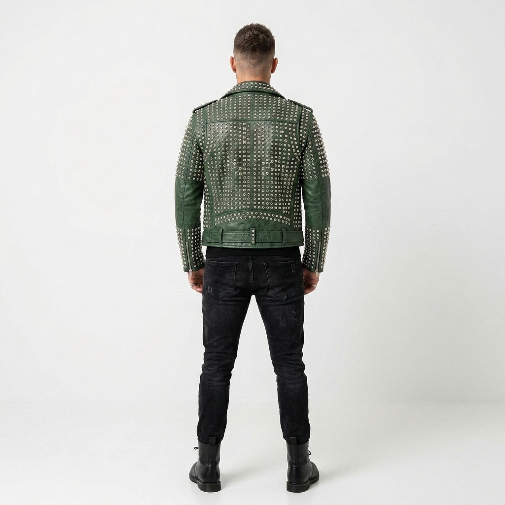 Men's Emerald Green Studded Leather Biker Jacket