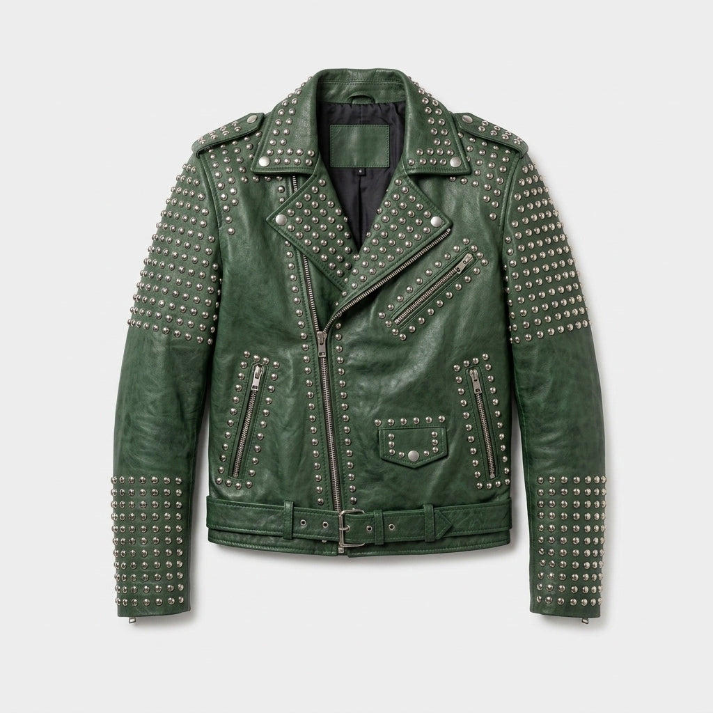 Men's Emerald Green Studded Leather Biker Jacket