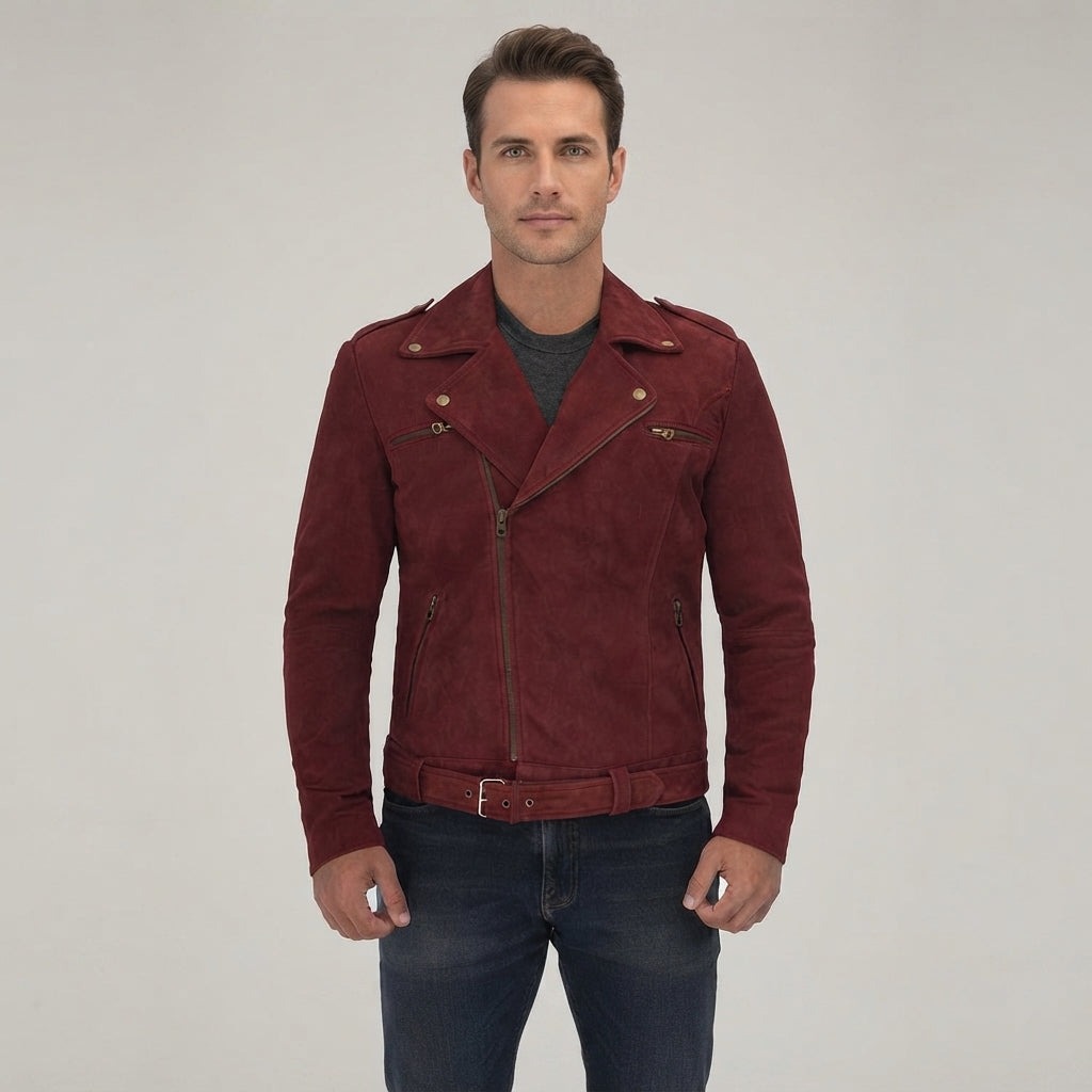 Men's Maroon Suede Biker Jacket