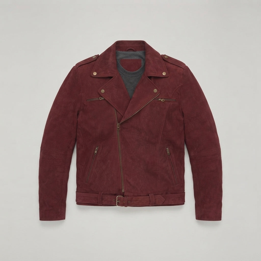 Men's Maroon Suede Biker Jacket
