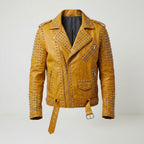 Men's Mustard Studded Motorcycle Leather Jacket
